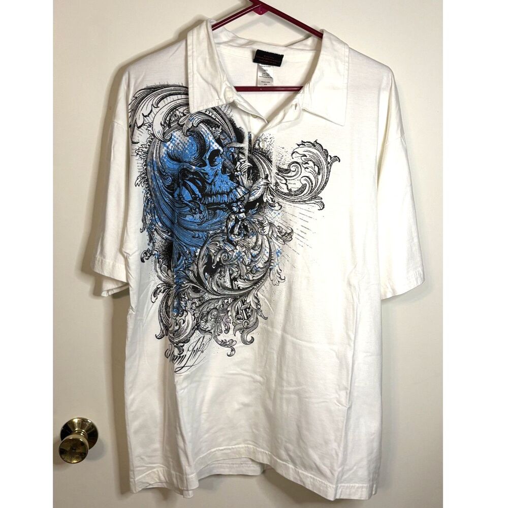 Vintage Miami Ink Skull Tattoo Graphic Tee Men’s XL White Blue Y2K